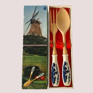 Elesva Holland Vintage Mid Century Delft Ceramic Handle Salad Servers in Box 2pc